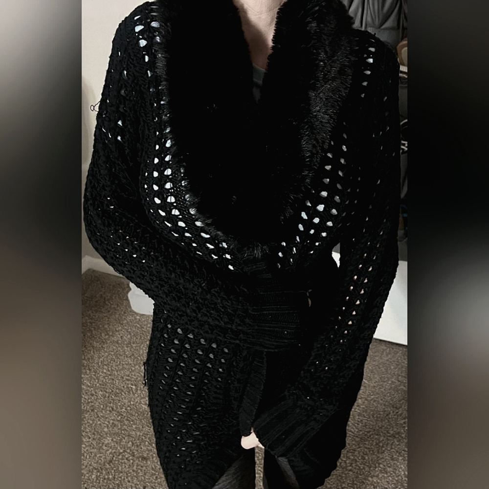 Bebe black crochet faux fur collar,  long, comfortable fit size medium.